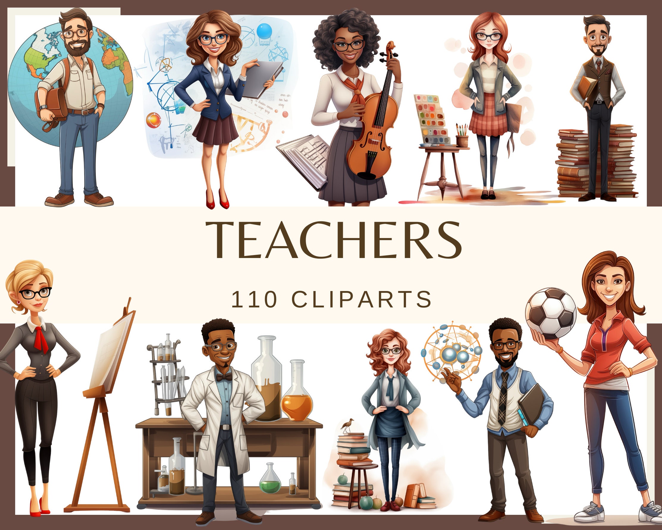 Watercolor Teacher Clipart: Classroom Illustrations (110 PNG, 300 dpi)