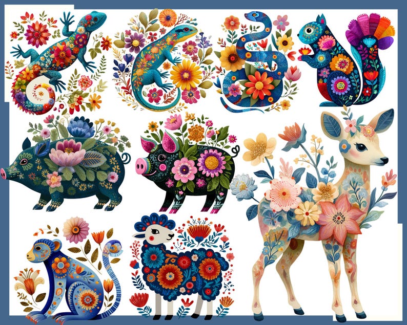 Mexican Otomi Animal Art: 100 PNG, 300 DPI Mexican Folk Art Animals ...
