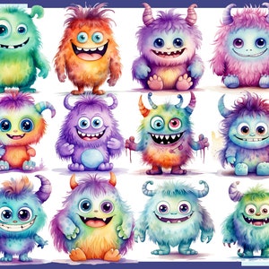 May include: A collection of 12 colorful, cartoon-style monsters with different expressions and features. The monsters are all furry and have large eyes. They are drawn in a watercolor style.