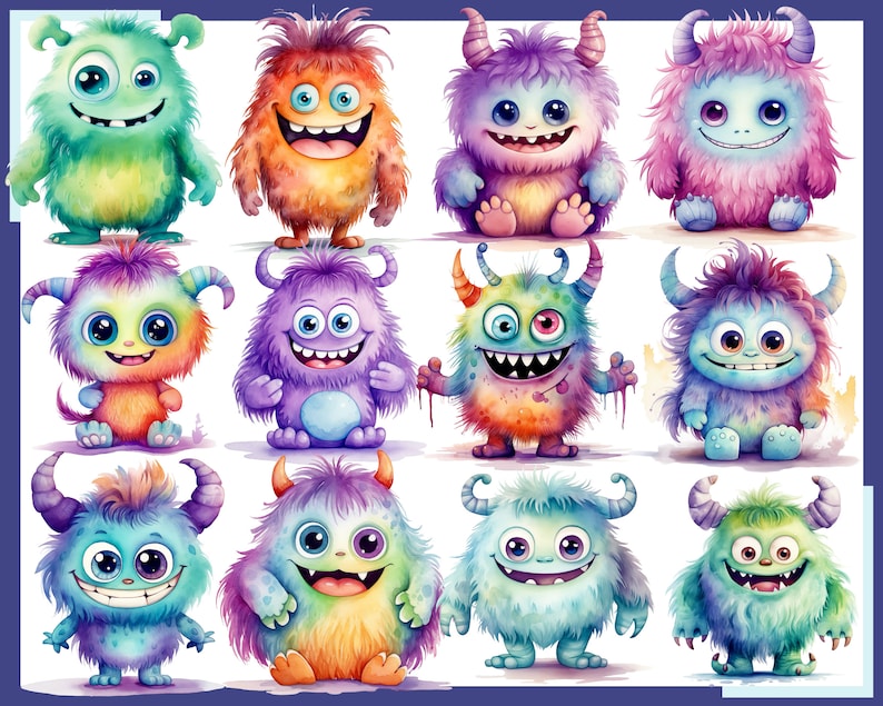 May include: A collection of 12 colorful, cartoon-style monsters with different expressions and features. The monsters are all furry and have large eyes. They are drawn in a watercolor style.