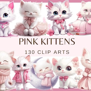 GATTINI ROSA - 130 clip art acquerellate (sfondo trasparente, 300 dpi, palloncino, cameretta per bambini, bambina, png, gatto, farfalla, gattino alla moda)