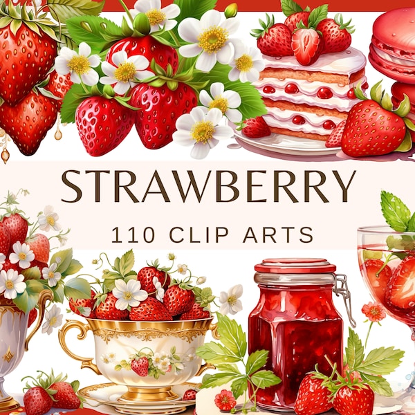 STRAWBERRY - 110 clip arts (300 dpi, fruit, ice cream, cake, cupcake, cheese cake, wine, lemonade, cocktail, bundle, png, food, digital)