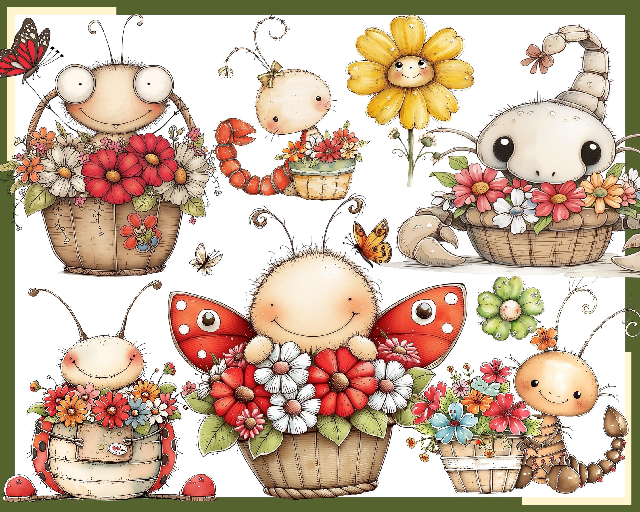 Insect With Flowers: 100 PNG, 300 DPI Whimsical Floral Ladybug ...