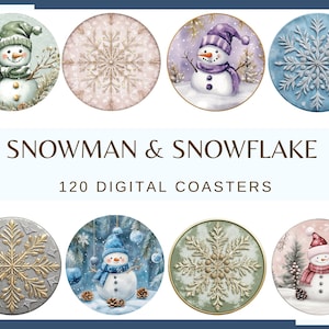 May include: Set of 120 digital coasters featuring a winter theme with snowmen and snowflakes. The coasters have a variety of designs, including snowmen with hats and scarves, snowflakes with intricate details, and winter scenes with pine trees and berries.