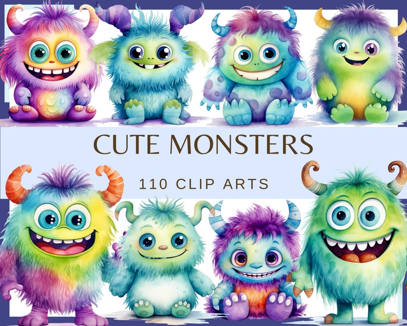 May include: A set of 110 watercolor clip art images featuring cute cartoon monsters in various colors and poses. The text "Cute Monsters 110 Clip Arts" is displayed at the bottom of the image.