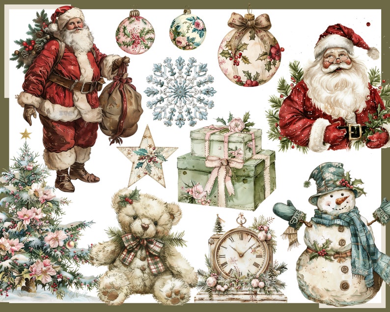VINTAGE CHRISTMAS - 110 clip arts (300 dpi, Christmas tree, house, fireplace, decor, fairy, santa claus snowman, digital, png, post card) image 2