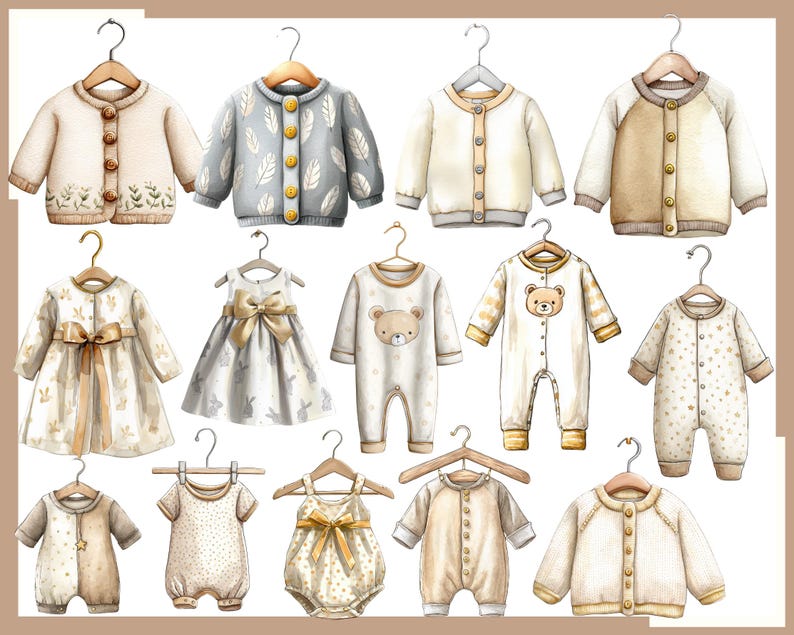 Op de afbeelding: Waterverfillustraties van babykleding, waaronder truien, jurken en rompertjes, in zachte pastelkleuren. De kledingstukken worden gepresenteerd op houten kleerhangers, met verschillende ontwerpen met strikken, bloemenborduurwerk en berenafbeeldingen. Het thema is delicaat en geschikt voor pasgeborenen.