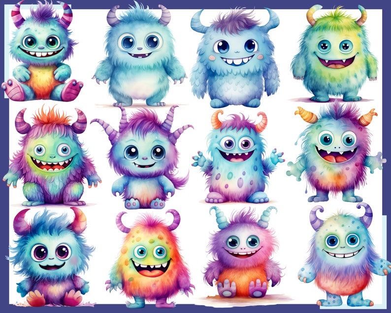 May include: A collection of 12 colorful cartoon monsters with different expressions and poses. Each monster has a unique color scheme and features, including horns, fur, and eyes.