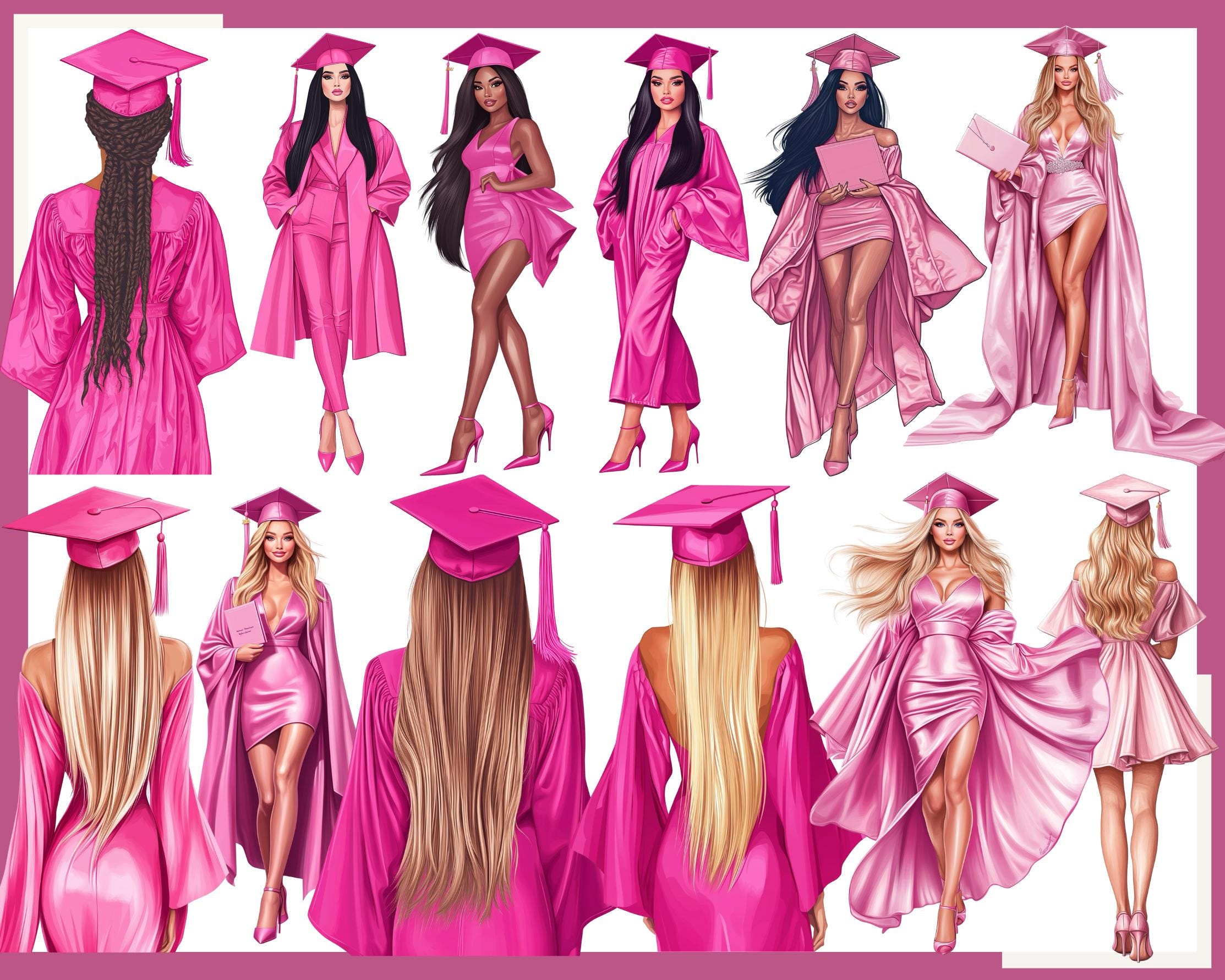 Pink Graduation Objects Animated Pink Graduation Watercolor Clipart: 110 PNG Fashion Illustrations ...