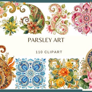 May include: A collection of digital illustrations labeled PARSLEY ART 110 CLIPART, featuring intricate paisley patterns, floral arrangements with pink and yellow lotus flowers, blue mandala-style geometric designs, and ornate peacock feather motifs.