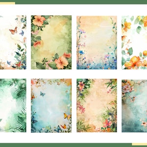 May include: A set of eight digital paper backgrounds featuring watercolor floral designs with butterflies. The backgrounds are in shades of green, blue, and yellow.