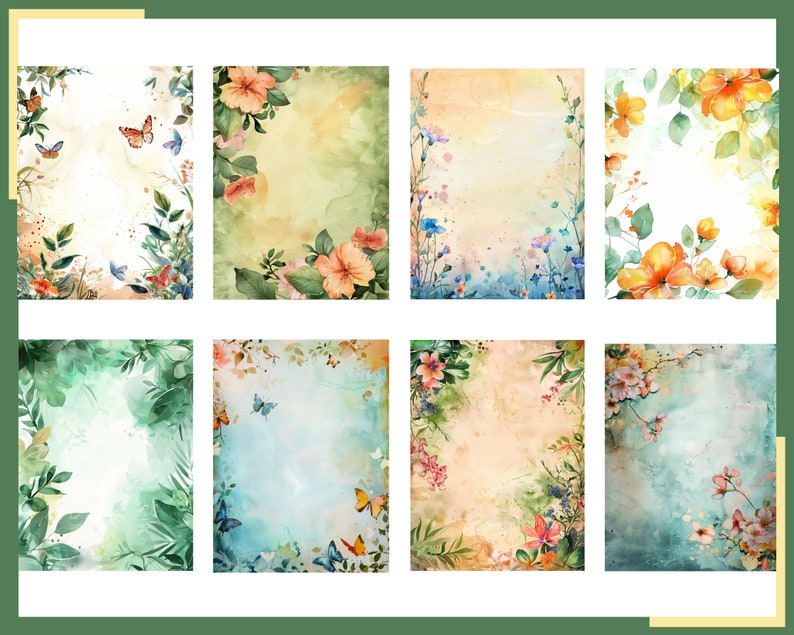 May include: A set of eight digital paper backgrounds featuring watercolor floral designs with butterflies. The backgrounds are in shades of green, blue, and yellow.