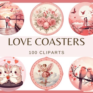 LOVE COASTERS - 100 clip arts (300 dpi, people in love, girl and boy in love, feelings, love, valentine's day, png, birds animals in love)