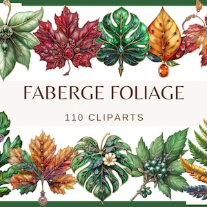 FABERGE FOLIAGE - 110 clip arts (300 dpi, png bundle, digital, nature, monstera leaf, tree leaves, Greenery Watercolor fern, jewellery leaf)