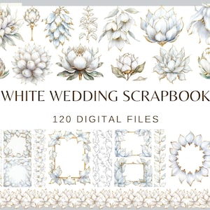 ÁLBULO DE RECORTES DE CASAMENTO BRANCO - 120 arquivos digitais em aquarela (300 dpi, Linha do tempo do casamento png, Ícones de elementos de casamento, Diário de lixo, noiva perfeita)