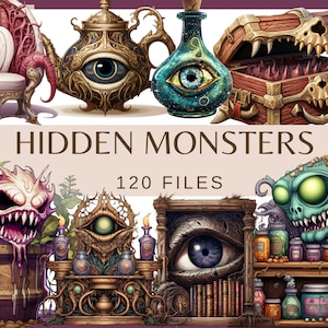 VERSTECKTE MONSTER - 100 Aquarell Clip Art + 20 Hintergründe ( 300 dpi, Taschenmonster, Baldur's Gate, PNG, Kinder Sticker, Fantasy-Auge)