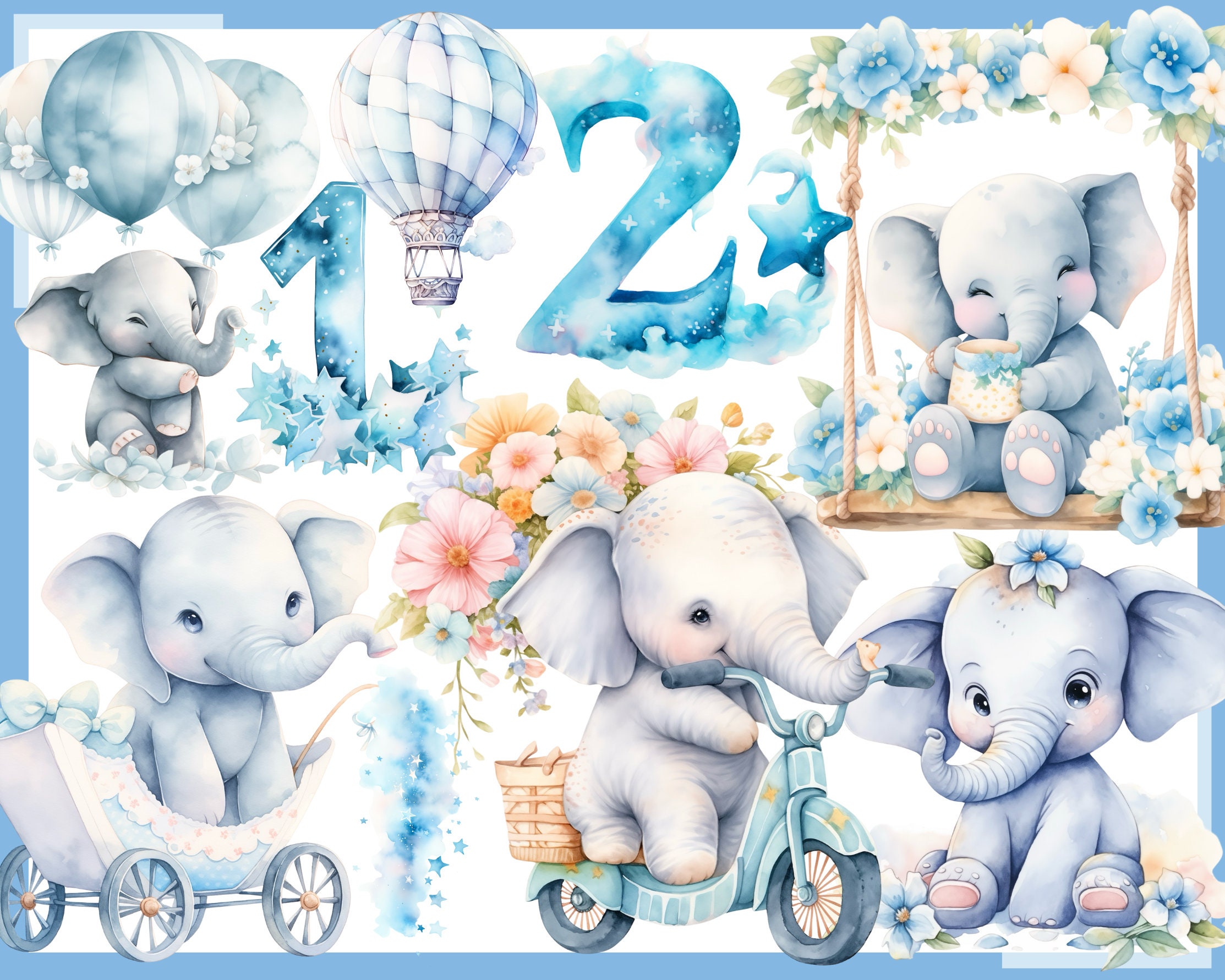 Blue Baby Elephant Watercolor Clip Art: Boy Shower Decor (PNG) - Etsy