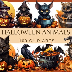 ZWIERZĘTA HALLOWEEN - 100 klipartów (300 dpi, Wiedźma, Duch, Pająk, Nietoperz, Upiorny zombie, Czarny kot, Clipart „Cukierek albo psikus”, Wrona, Kocioł)