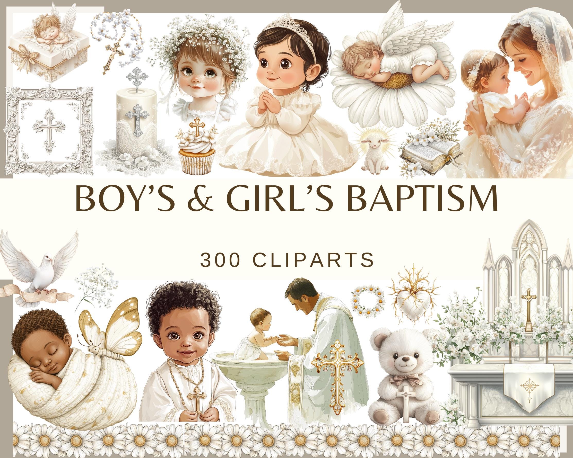 Watercolor Baptism Clipart: Rosary, Dove, Cross (300 DPI PNG Digital Download