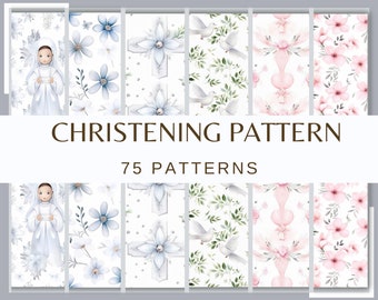 May include: A set of 75 digital patterns for christening invitations, featuring watercolor illustrations of doves, flowers, crosses, and a baby girl in a white dress.  The patterns are in shades of blue, pink, and green.