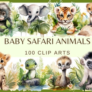 BÉBÉS ANIMAUX DE SAFARI - 100 images clipart (300 dpi, mangouste, lama, raton laveur, autruche, éléphant, singe, zèbre, paquet, numérique, png, jungle)