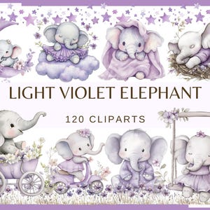 LIGHT VIOLET ELEPHANT - 120 watercolor clip arts (Png, 300 dpi, commercial use, Baby shower, Nursery Decor, Birthday Party flower, seamless)