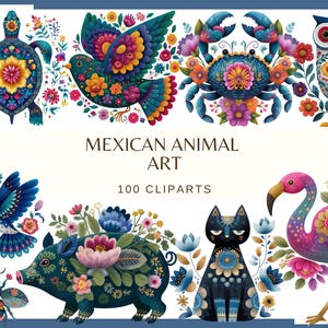 Puede incluir: Colección de coloridos cliparts de arte animal mexicano. La imagen presenta una tortuga, un pájaro, un cangrejo, un búho, un colibrí, un cerdo, un gato, un flamenco y una abeja, todos decorados con patrones florales. También está presente el texto "MEXICAN ANIMAL ART" y "100 CLIPARTS".