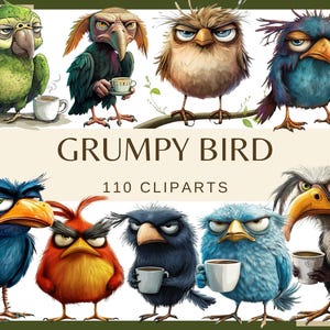 GRUMPY BIRDS avec une tasse de café et de thé - 110 images clipart (300 dpi, oiseau rigolote fatigué, vautour, corbeau, perroquet, hibou, png, faune, oiseau)