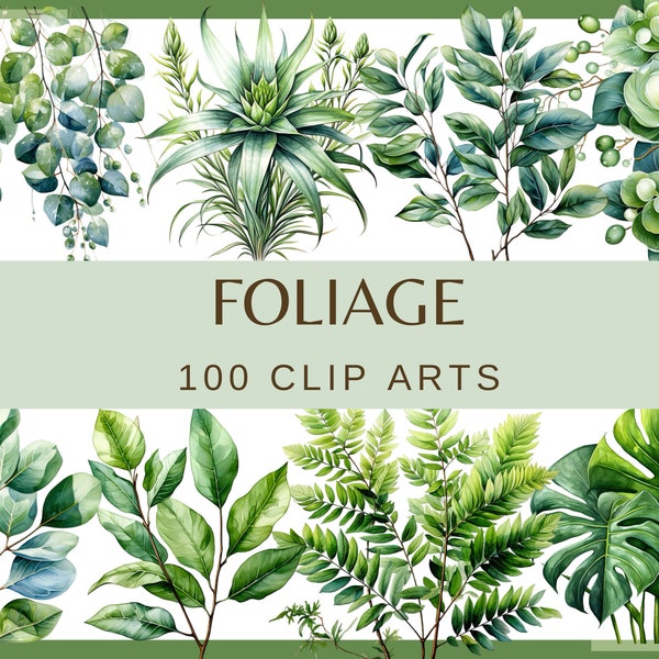 FOLLAJE - 100 imágenes prediseñadas (300 ppp, fondo transparente, png, paquete, digital, naturaleza, hoja de monstera, hojas de árbol, acuarela verde)