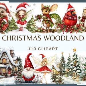 CHRISTMAS WOODLAND - 120 Cliparts (Woodland Fairy Forests Landscape Images, Nature Digital Scrapbooking christmas animal, gnome, santa)