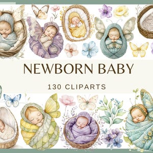 NEWBORN BABY - 130 watercolor clip arts (Png, 300 dpi, commercial use, Baby shower, Nursery Decor, Birthday Party baby girl boy)