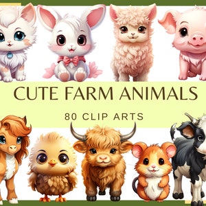 KAWAII FARM ANIMALS - 80 clip arts (300 dpi, cute animals, baby animals, Transparent background, png, commercial use, bundle, digital)
