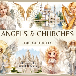 May include: Watercolor clipart set featuring angels and churches. The image includes illustrations of angelic figures with wings, a harp, and various church buildings. The text "ANGELS & CHURCHES" and "100 CLIPARTS" is also visible.