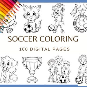 PÁGINAS PARA COLORIR DE FUTEBOL - 100 páginas (300 dpi, livro para colorir de animais de futebol, bola de futebol, jogador de futebol, menina e menino com bola, chuteiras vencedoras da copa)
