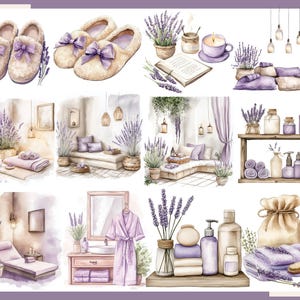 May include: Watercolor illustrations of spa and relaxation items. The image features lavender-themed products, including slippers, candles, books, pillows, towels, and lotions. The color palette is soft, with shades of purple, beige, and white, creating a calming aesthetic.