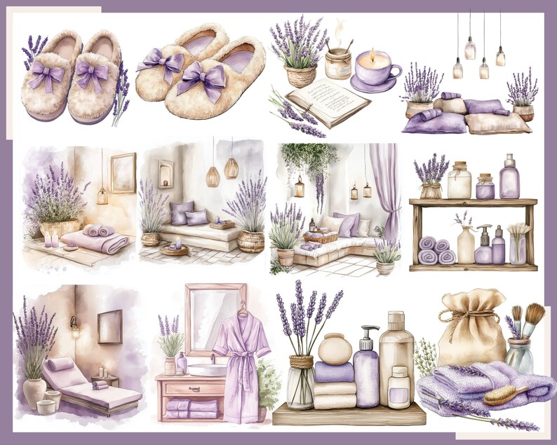 May include: Watercolor illustrations of spa and relaxation items. The image features lavender-themed products, including slippers, candles, books, pillows, towels, and lotions. The color palette is soft, with shades of purple, beige, and white, creating a calming aesthetic.