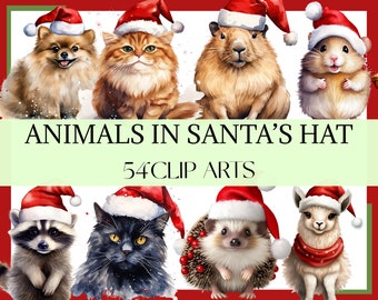 ANIMALS in SANTA'S HAT - 54 clip arts (300 dpi, png, Christmas, Transparent background, commercial use, bundle, digital, post card)