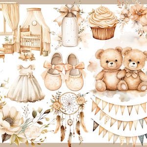 Ours en peluche beige 100 cliparts, baby shower pour nouveau-nés, décoration de chambre d'enfant, bébé garçon, petite fille, ours en peluche beige image 7