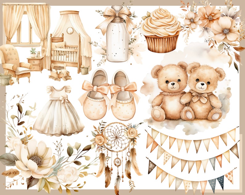 Ours en peluche beige 100 cliparts, baby shower pour nouveau-nés, décoration de chambre d'enfant, bébé garçon, petite fille, ours en peluche beige image 7