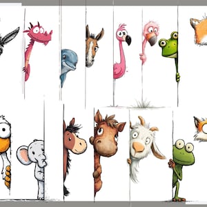 May include: A series of cartoon animal illustrations, such as a donkey, dragon, dolphin, horse, flamingo, frog, and fox, each appearing from behind white vertical lines. The drawings use bright colours and have expressive character designs.