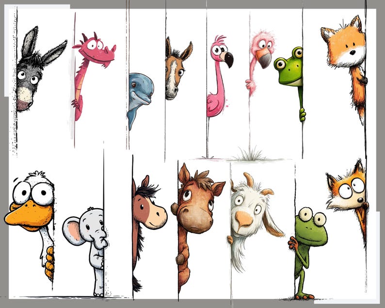 May include: A series of cartoon animal illustrations, such as a donkey, dragon, dolphin, horse, flamingo, frog, and fox, each appearing from behind white vertical lines. The drawings use bright colours and have expressive character designs.