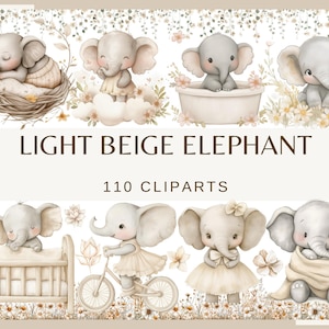 LIGHT BEIGE ELEPHANT - 110 watercolor clip arts (Png, 300 dpi, commercial use, Baby shower, Nursery Decor, Birthday Party flower, seamless)