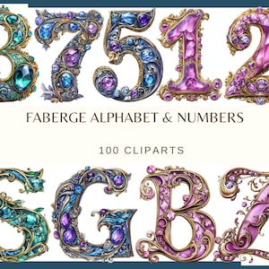 May include: A collection of ornate, jewel-encrusted numbers and letters in a Fabergé style. The numbers 3, 7, 5, 1, and 2 are displayed, along with the letters S, G, B, and Z. The text "FABERGE ALPHABET & NUMBERS" and "100 CLIPARTS" are also present.