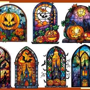 May include: Six stained glass windows with a Halloween theme. Each window features a gothic arch with a different scene, including bats, pumpkins, and a castle. The windows are all in shades of red, orange, yellow, green, blue, and purple.
