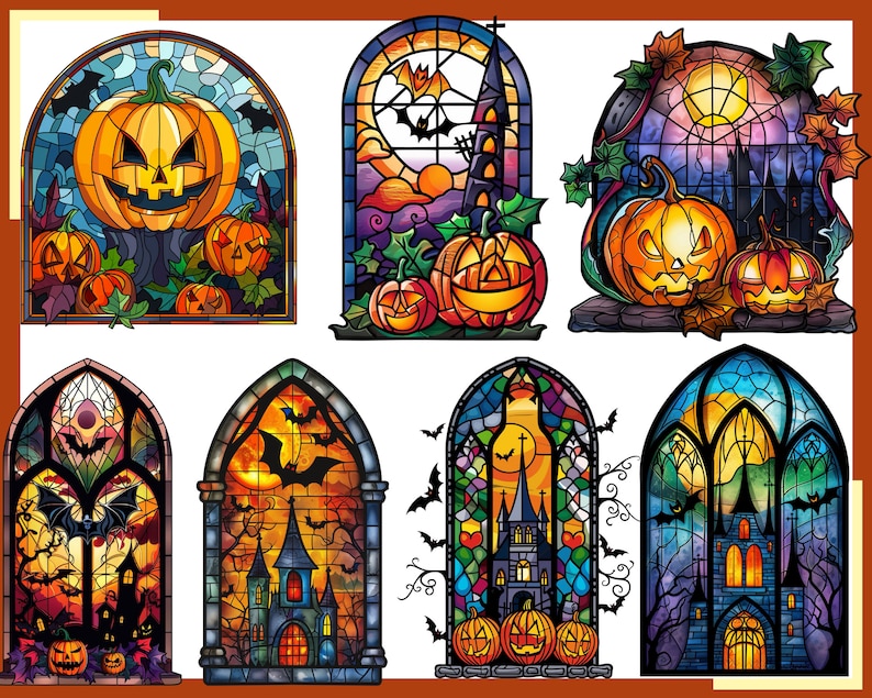 May include: Six stained glass windows with a Halloween theme. Each window features a gothic arch with a different scene, including bats, pumpkins, and a castle. The windows are all in shades of red, orange, yellow, green, blue, and purple.