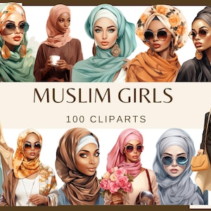 MOSLIMMEISJES - 100 clip arts (300 dpi, Afro-Amerikaans moslimmeisje, mode, vakantievrouw, glamour moslimmeisje, luxe meisje, png)