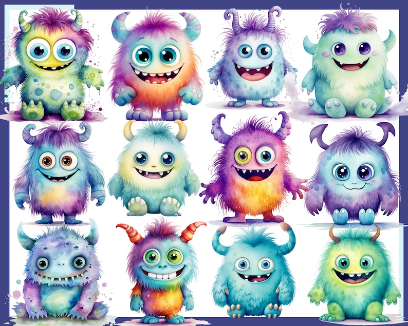 May include: A collection of twelve colorful cartoon monsters with different expressions and features. Each monster has a unique color scheme and design, including purple, blue, green, and orange.