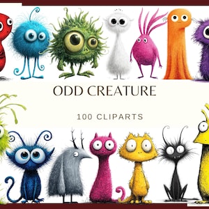 Peut inclure: Une collection de 12 créatures de dessins animés fantaisistes et colorées, avec de grands yeux et des caractéristiques uniques. Le texte "ODD CREATURE" et "100 CLIPARTS" est affiché en dessous. Les créatures sont de différentes couleurs, dont le rouge, le bleu, le vert, le blanc, le rose, l'orange et le violet.