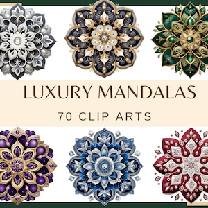 MANDALA DE LUXE - 70 images clipart (300 dpi, fond transparent, usage commercial, numérique, Inde, rouge, noir, bleu, or, argent mandala)