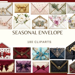 Könnte beinhalten: Eine Sammlung dekorativer Umschläge mit verschiedenen Designs, darunter Blumenarrangements, Schleifen und aufwendige Verzierungen. Der Text "SEASONAL ENVELOPE" und "180 CLIPARTS" ist ebenfalls sichtbar.